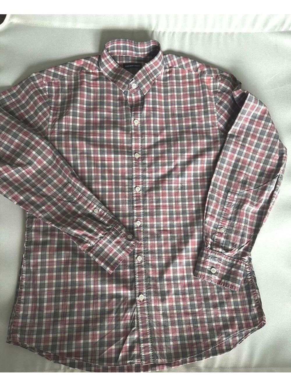 Zachary Prell Mens M Plaid Shirt Burgundy Gray 100% Cotton Button Down